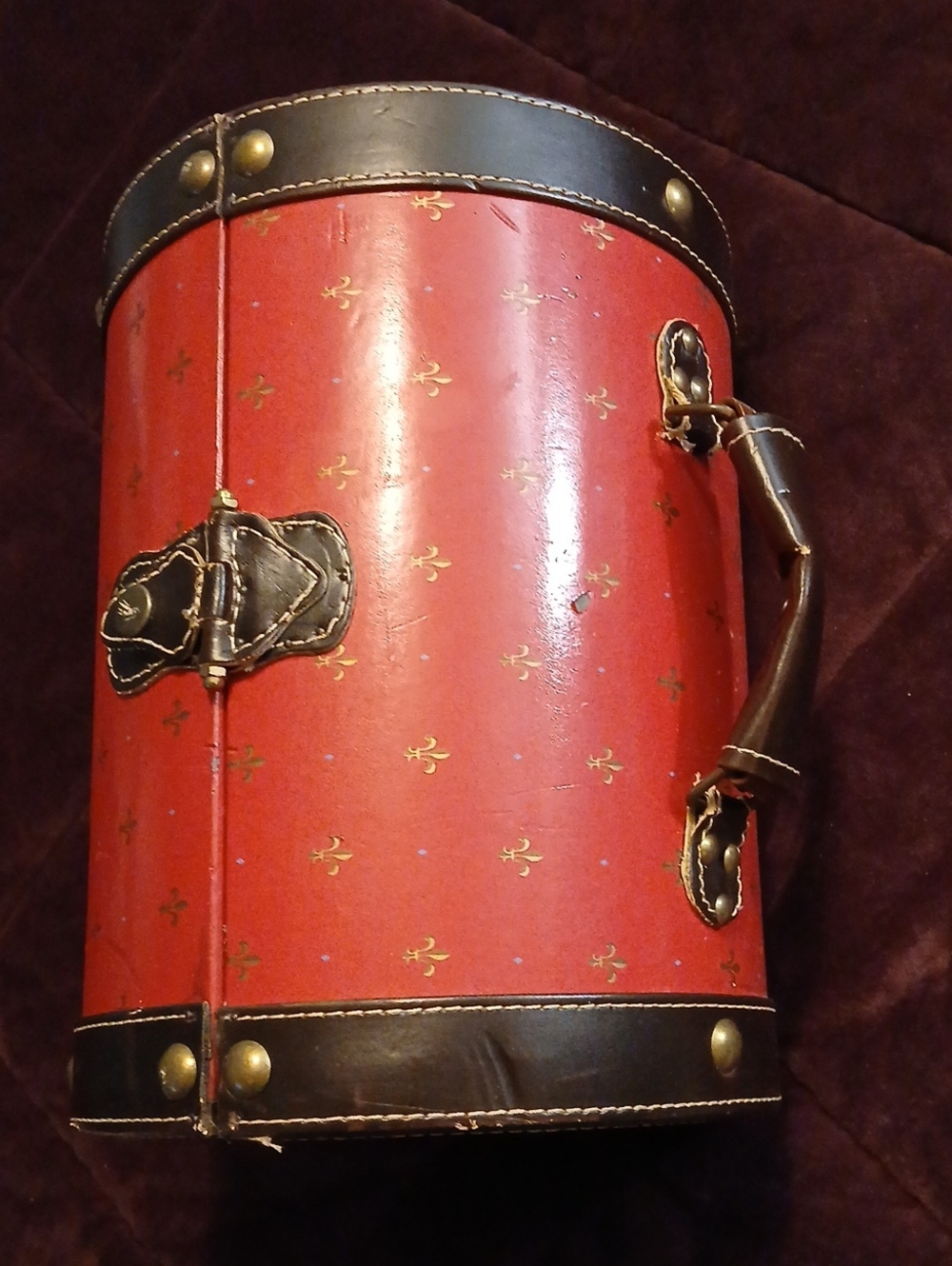 1950s Hard Travel Case, Hat Case or? Fleur De Lis Red And Brown Leather